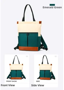 Detailed views of emerald green nylon backpack with tricolor patchwork and side view