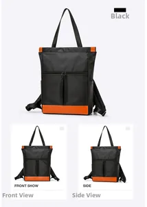 Detail view of high-density nylon backpack with vibrant orange accents and front zip pockets
