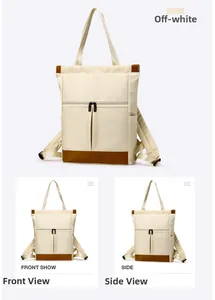 Detail of cream nylon convertible tote backpack showing front and side views with brown trim