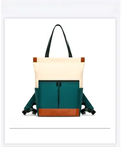 Front view of waterproof nylon backpack with tricolor beige, green, and tan panels