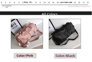 Waterproof nylon gym bag in pink and black colors with adjustable shoulder straps