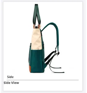 Side view of multi-functional green nylon backpack with leather accents and side pocket