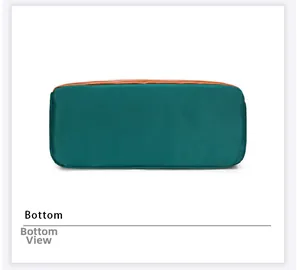 Detail view of the flat bottom on a dark green nylon crossbody bag with premium stitching