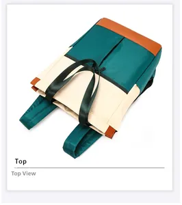Top view of color-block nylon backpack featuring blue, beige, and tan waterproof fabric