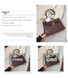 Detailed size specifications for the dark brown quilted crossbody bag with gold chain