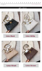 Close-up of quilted chain bags with gold clasps in black, white, khaki, and coffee