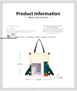 Detailed nylon backpack dimensions and structure showing multi-pocket design with iPad for scale