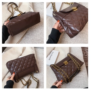 Detailed views of coffee rhombic quilted handbag with gold chain strap and metal lock