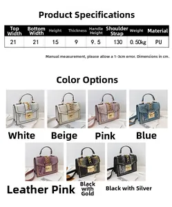 Detailed size chart and multi-color selection of snake pattern crossbody bags with rivets
