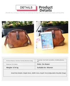 Detailed size and weight chart for the retro rivet doctor bag with PU leather texture