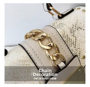 Detail of snake pattern leather bag with bold gold chain and round metallic studs
