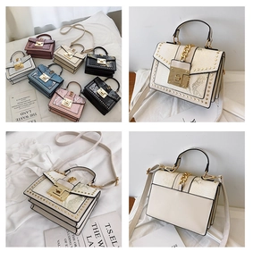 Collage of studded snake-pattern crossbody bags in white, pink, blue, and black colors