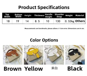 Size chart and color options for straw woven handbag with dimensions and color variations