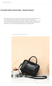 Detailed view of crocodile pattern boston bag with adjustable strap and metal F pendant