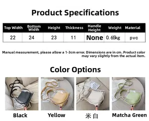 Size chart for PVC jelly handbag with detailed dimensions and four color variants