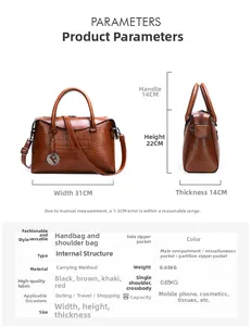Detailed size chart and multi-angle views of the brown crocodile embossed tote bag