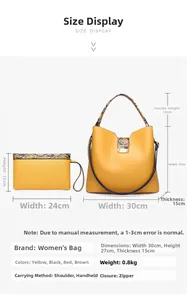Detailed size specifications for the 2-piece yellow PU leather bucket and crossbody bag set