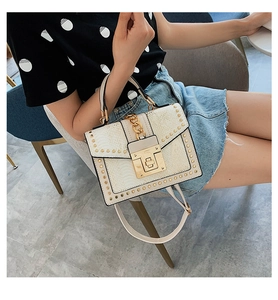 Chic cream snake-print crossbody box bag with gold chain and studded edges for women