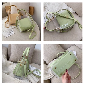 Detailed four-view shot of a transparent PVC jelly bag with metal handles and inner pouch