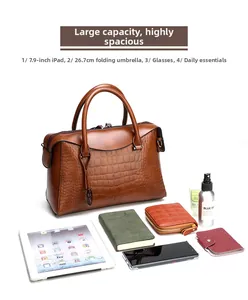 Brown crocodile embossed tote bag interior showing large capacity for iPad and umbrella