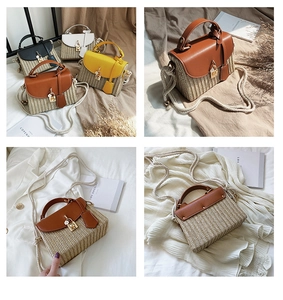 Detailed close-up of woven straw bag with leather flap and metallic twist lock closure