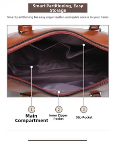 Internal view of brown crocodile texture handbag showing main pocket and zipper compartment