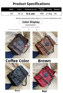 Size chart showing PU leather crossbody bag dimensions 23x15.5x9.5cm and color options