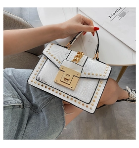 White snake texture handbag with gold rivets and metallic chain buckle close-up view