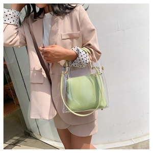 Detail of transparent PVC bucket bag with green inner pouch and gold hardware
