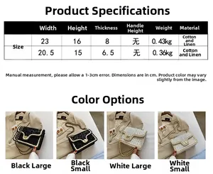 Guide des tailles pour sac à bandoulière en tweed montrant les dimensions petit et grand