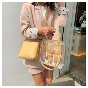 Detail of trendy transparent PVC tote bag with yellow leather inner pouch for women