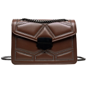 Women PU Leather Small Square Shoulder Bag Geometric Rivet Decor Metal Chain Strap Flap Lock Punk Style Crossbody