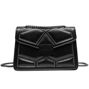 Fashionable black leather crossbody bag with silver studs and metal chain strap
