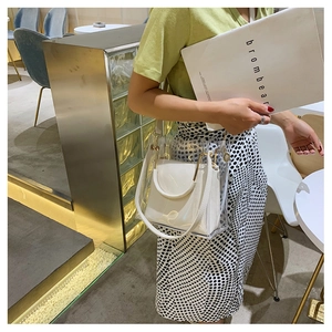 Close-up of transparent PVC shoulder bag with white inner pouch and gold hardware hooks