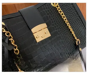 Detailed view of crocodile embossed leather texture with elegant gold metal lock clasp