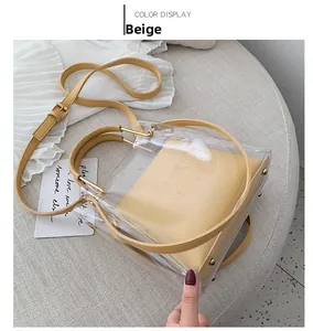 Detail of clear PVC jelly bag with a yellow inner pouch and gold circular metal handles