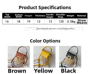 Detailed size chart for straw woven bucket bag with dimensions and multi-color options