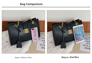 Size comparison of crocodile pattern tote with iPhone and iPad mini visual scale