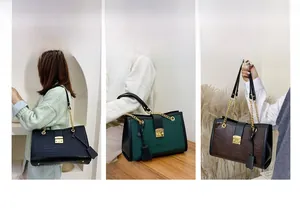 Three crocodile pattern bags in black, green, and coffee with chain straps and metal locks