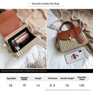 Detailed size chart for the straw woven crossbody bag with dimensions and capacity view