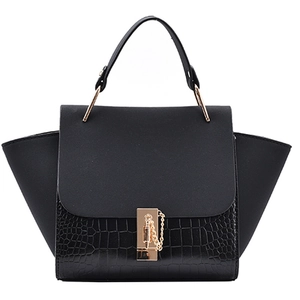 Bolso de mano negro estructurado con diseño de alas y piel con grabado de cocodrilo