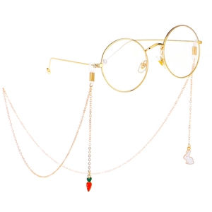 Gold glasses chain with cute rabbit and carrot charms on round frame glasses