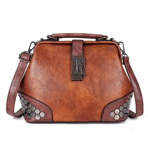 Retro brown rivet doctor bag with metallic buckle and detachable shoulder strap in PU leather