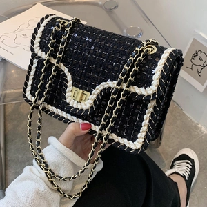 Sac À Épaule Élégant En Tweed Pour Femmes Paillettes Passepoil Contrasté Sac Bandoulière Chaîne Métallique Mode
