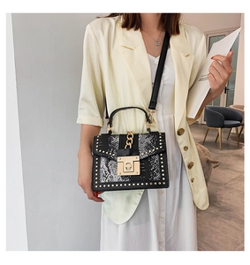 Detail of square flap bag featuring snake skin texture, gold rivets and metallic lock