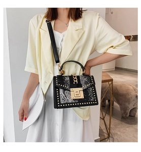 Detail of black leather and snakeskin bag with gold studs and chunky chain strap