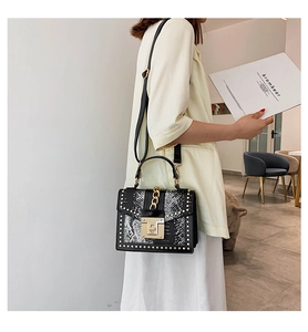 Detail showing snake pattern bag with golden studs and metal chain strap worn by model
