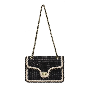 Sac bandoulière élégant en tweed noir avec bordure blanche et fermoir doré