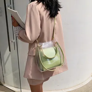 Summer transparent avocado green jelly crossbody bag set with leather inner pouch