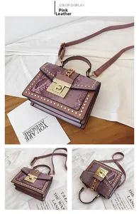 Macro view of dusty pink crossbody bag with snake skin texture and gold studs